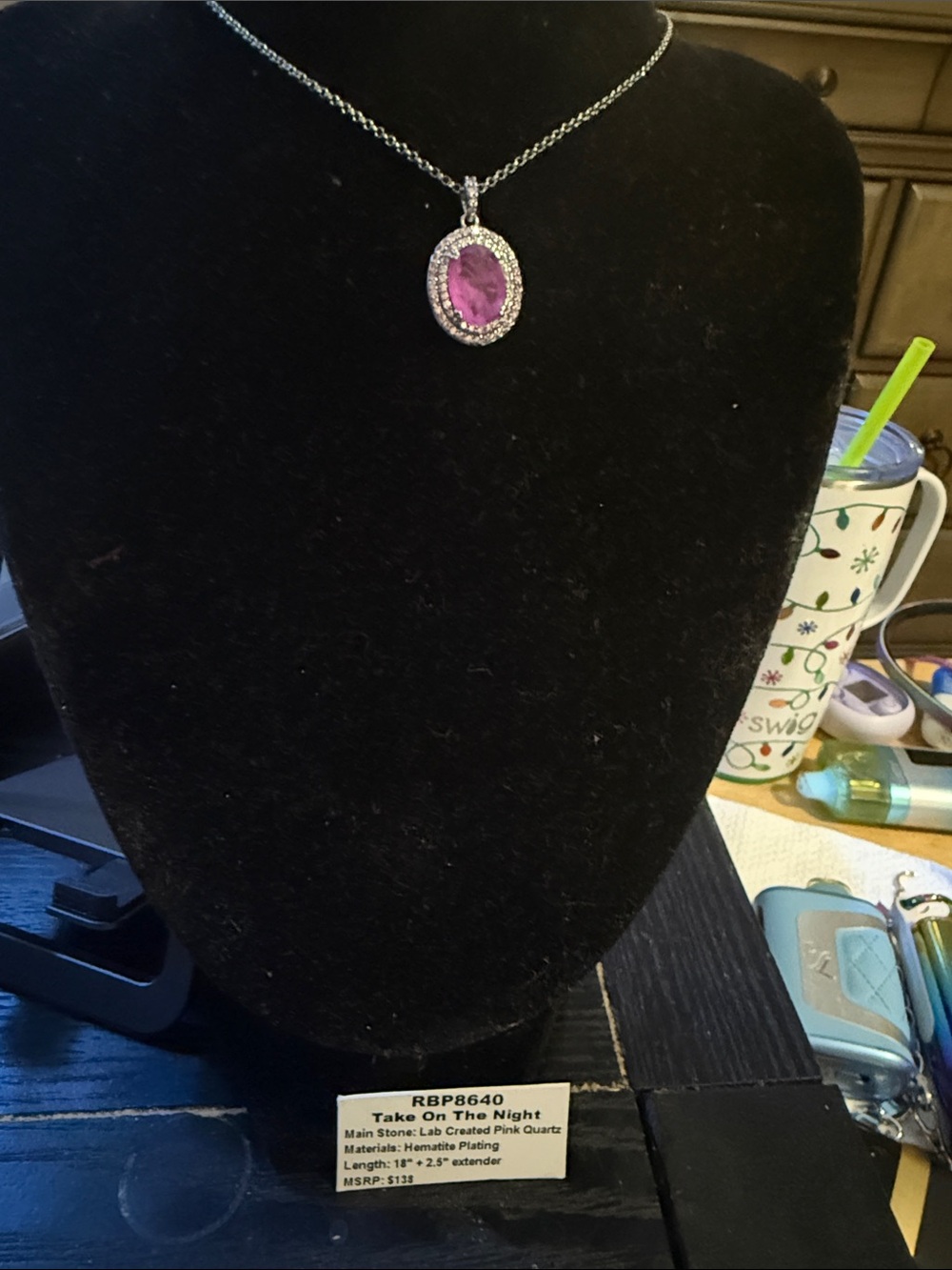 BP Pink quartz Oval Halo Pendant on hematite plating